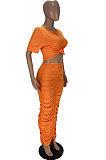 Orange Cotton Blend Short Sleeve Round Neck Ruffle Long Skirt Solid Color Two-Piece WJ5227-3
