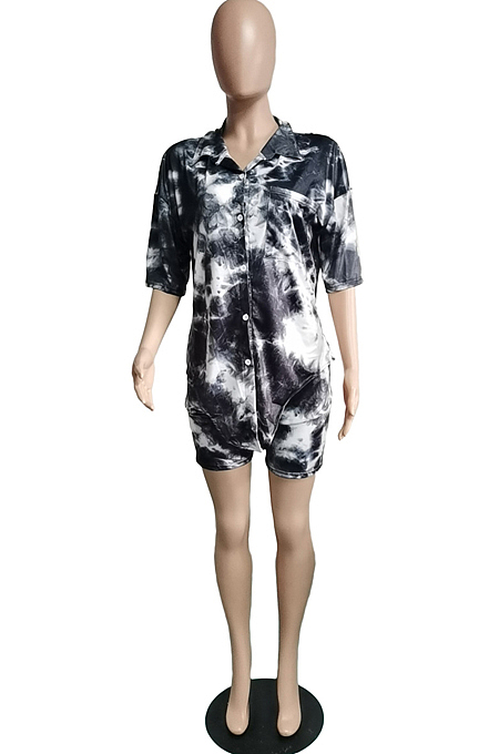 Purple Tie Eye Print Short Sleeve Lapel Neck Single-Breasted Shirt Shorts Two-Piece WA77209-1