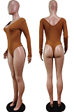White Sexy Casual Ribber Long Sleeve V Neck Solid Color Bodycon Romper Shorts WY6502-4