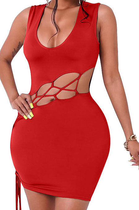 Black Euramerican Women V Collar Low-Cut Crop Sexy Bangdage Holliw Out Solid Color Mini Dress PH1221-1