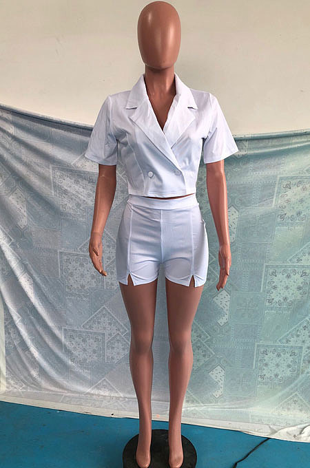 Black Women Trendy Turn-Down Collar Solid Color Short Sleeve Shorts Sets OMY0031-2