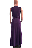 Black Euramerican Women Sexy V Collar Ruffle Sleeveless Solid Color High Waist Long Dress OMY0029-4