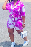 Purple Tie Eye Print Short Sleeve Lapel Neck Single-Breasted Shirt Shorts Two-Piece WA77209-1