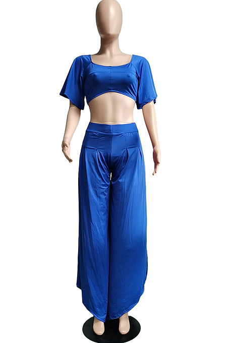 Pink New Wholesal Loose Sleeeve Strapless Wide Leg Pants Solid Color Casual Sets WA7206-4