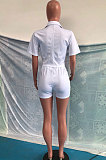 White Women Trendy Turn-Down Collar Solid Color Short Sleeve Shorts Sets OMY0031-1