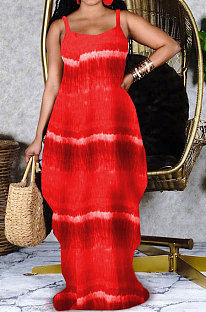 Red Women Printing Loose Pocket Condole Belt Long Dress PH1233-2