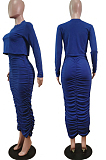 Gray Wholesal Long Sleeve Round Collar Jumper Ruffle Long Skirts Casual Sets WY6850-2