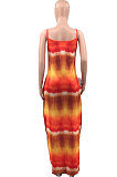 Purple Women Printing Loose Pocket Condole Belt Long Dress PH1233-3