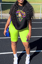Neon Green Summer Patterns Printing Short Sleeve Round Collar T-Shirts Shorts Sport Sets YSH6232-3