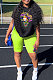 Neon Green Summer Patterns Printing Short Sleeve Round Collar T-Shirts Shorts Sport Sets YSH6232-3