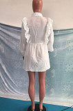 White Women Pure Color Long Sleeve Flounce Turn-Down Collar Single-Breasted High Waist T Shirt/Shirt Dress  OMY0030-1