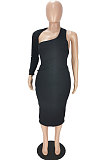  Khaki New Pure Color Oblique Shoulder One Sleeve Backless Slim Fitting Bodycon Dress WJ5228-1