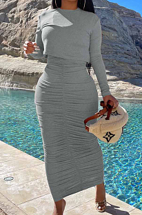 Gray Wholesal Long Sleeve Round Collar Jumper Ruffle Long Skirts Casual Sets WY6850-2