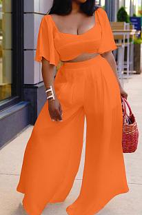Orange New Wholesal Loose Sleeeve Strapless Wide Leg Pants Solid Color Casual Sets WA7206-3