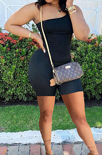 Black Summer Wholesal Oblique Shoulder Slim Fitting Solid Color Romper Shorts YSH6233-2