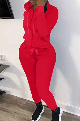 Red New Casual Long Sleeve Zippet Hoodie Sweat Pants Solid Color Two-Piece YM216-5