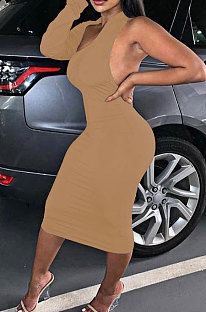  Khaki New Pure Color Oblique Shoulder One Sleeve Backless Slim Fitting Bodycon Dress WJ5228-1