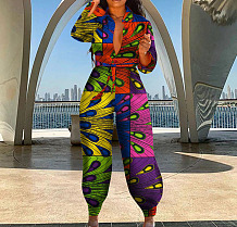 Multicolor Women Long Sleeve High Waist Printing Casual Jumpsuit OMY0032