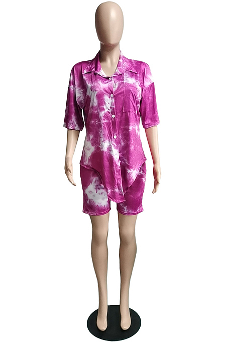 Purple Tie Eye Print Short Sleeve Lapel Neck Single-Breasted Shirt Shorts Two-Piece WA77209-1
