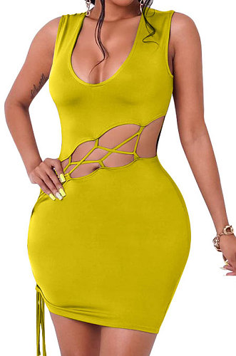 Red Euramerican Women V Collar Low-Cut Crop Sexy Bangdage Holliw Out Solid Color Mini Dress PH1221-3