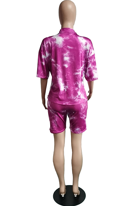 Blue Tie Eye Print Short Sleeve Lapel Neck Single-Breasted Shirt Shorts Two-Piece WA77209-3