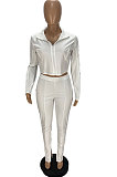 White Fashion Pure Color Long Sleeve Stand Neck Zipper Blouse High Waist Split Pants Sport Sets WJ5105-1