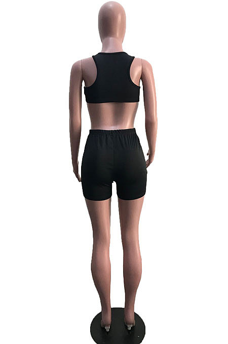 Black Cute Crop Tank Shorts Solid Color Yoge Sets YSH6230-2