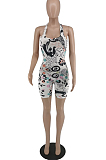 Orange Summer Casaul Positioning Print Tank Slim Fitting Romper Shorts WA77217-2