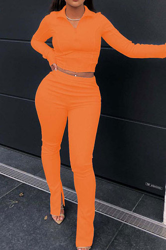 White Fashion Pure Color Long Sleeve Stand Neck Zipper Blouse High Waist Split Pants Sport Sets WJ5105-1