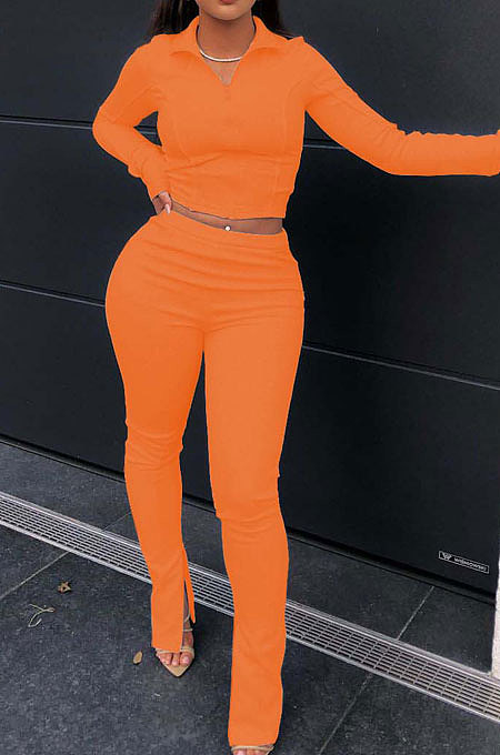 White Fashion Pure Color Long Sleeve Stand Neck Zipper Blouse High Waist Split Pants Sport Sets WJ5105-1