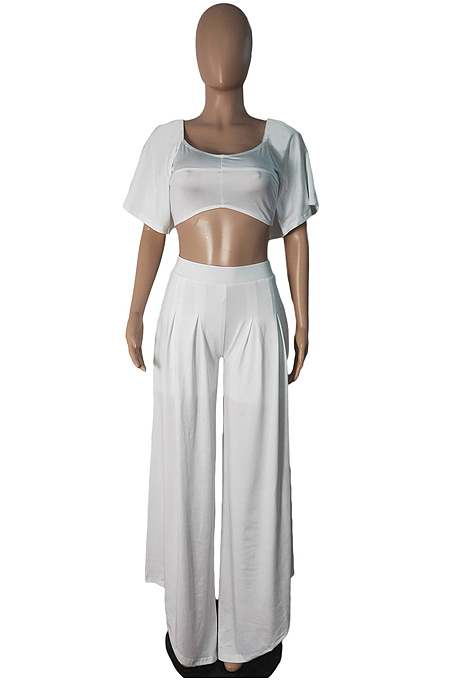 Sky Blue New Wholesal Loose Sleeeve Strapless Wide Leg Pants Solid Color Casual Sets WA7206-1