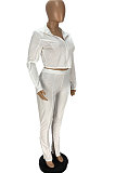 Black Fashion Pure Color Long Sleeve Stand Neck Zipper Blouse High Waist Split Pants Sport Sets WJ5105-3