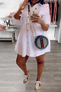 White Women Pure Color Long Sleeve Flounce Turn-Down Collar Single-Breasted High Waist T Shirt/Shirt Dress  OMY0030-1