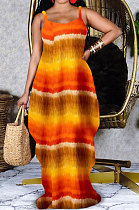 Yellow Women Printing Loose Pocket Condole Belt Long Dress PH1233-1