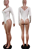 White Sexy Casual Ribber Long Sleeve V Neck Solid Color Bodycon Romper Shorts WY6502-4