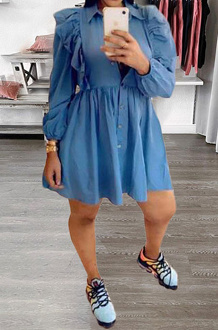 Blue Women Pure Color Long Sleeve Flounce Turn-Down Collar Single-Breasted High Waist T Shirt/Shirt Dress OMY0030-2