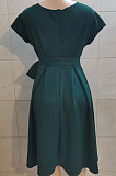 Women V Collar Pure Color Banquet Bowknot Swing Midi Dress HAN2106