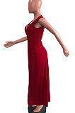 Purple Euramerican Women Sexy V Collar Ruffle Sleeveless Solid Color High Waist Long Dress OMY0029-3