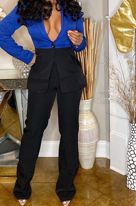 Blue Wholesal Women Spliced Long Sleeve Lapel Neck Small Suits Casual Long Pants OA Sets WJ5082-3