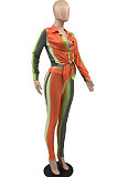 Orange Casual Women Colorful Positioning Print Two-Piece Sets Tied Shirt Tight Pants MLM9075-2