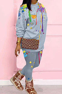 Gray Casual Splash-Ink Printing Long Sleeve Round Neck Jumper Sweat Pants Two-Piece WJ5113-2