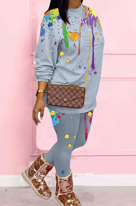 Blue Casual Splash-Ink Printing Long Sleeve Round Neck Jumper Sweat Pants Two-Piece WJ5113-3