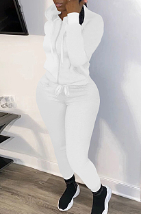 White New Casual Long Sleeve Zippet Hoodie Sweat Pants Solid Color Two-Piece YM216-2