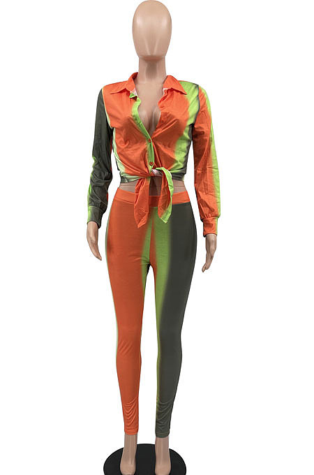 Rose Red Knotted Shirt Skinny Pants Multicolor Positioning Print 2 Pieces Sets MLM9075-1