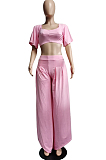 Black New Wholesal Loose Sleeeve Strapless Wide Leg Pants Solid Color Casual Sets WA7206-5