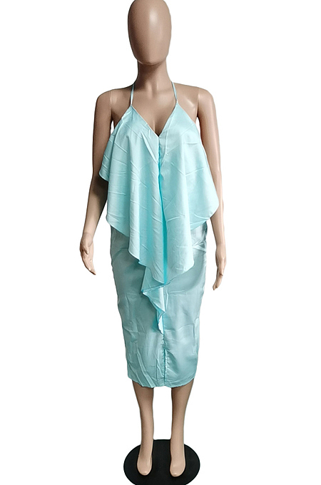 Light Blue Sexy Summer Flounce Irregularity Condole Belt Loose Split Dress WA77210-1