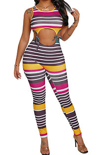 Rose Red Women Multicolor Stripe Crop Sexy Condole Belt Sleeveless Pants Sets PH1222-2