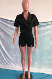 Black Women Trendy Turn-Down Collar Solid Color Short Sleeve Shorts Sets OMY0031-2