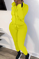 Yellow New Casual Long Sleeve Zippet Hoodie Sweat Pants Solid Color Two-Piece YM216-3