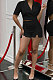 Black Women Trendy Turn-Down Collar Solid Color Short Sleeve Shorts Sets OMY0031-2
